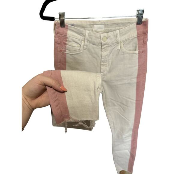 Mother Looker Ankle Fray So Far Gone Jeans Mid Rise White Pink Stripe Size 24 - Picture 6 of 15